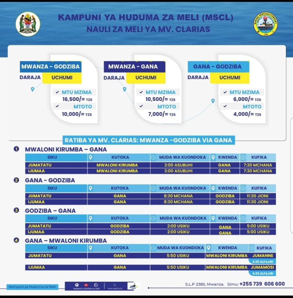 Nauli na Ratiba ya Meli ya Mv. Clarias kutoka Mwanza kwenda Visiwa vya Gana na Godziba.