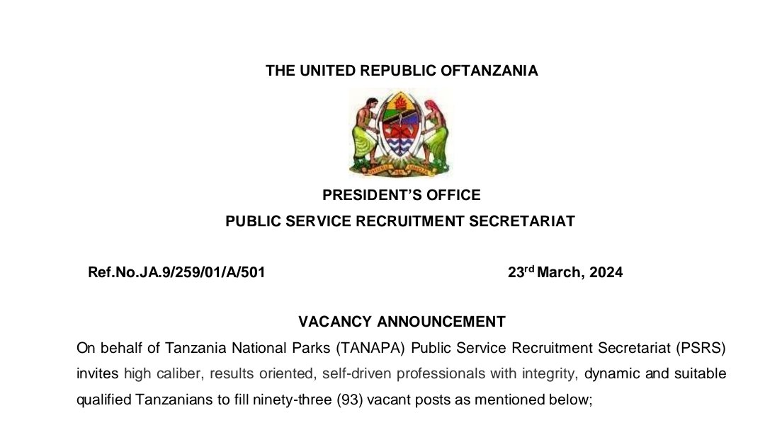 NAFASI Mpya 93 za Kazi Kutoka TANAPA March 2024,Tangazo la nafasi za kazi tanapa 23-03-2024,Nafasi mpya 93 za kazi kutoka tanapa march 2024, NAFASI za KAZI zilizotangazwa leo, NAFASI ZA KAZI Mpya Wiki hii, Ajira portal, TANAPA ajira 2024, Nafasi za kazi ya ulinzi TANAPA,Nafasi za kazi binafsi, Nafasi za kazi zilizotangazwa leo Arusha, Nafasi za kazi Dar es Salaam,BAjira TANAPA PDF, TANAPA Recruitment Portal login, Nafasi za KAZI kwa waliomaliza form four.