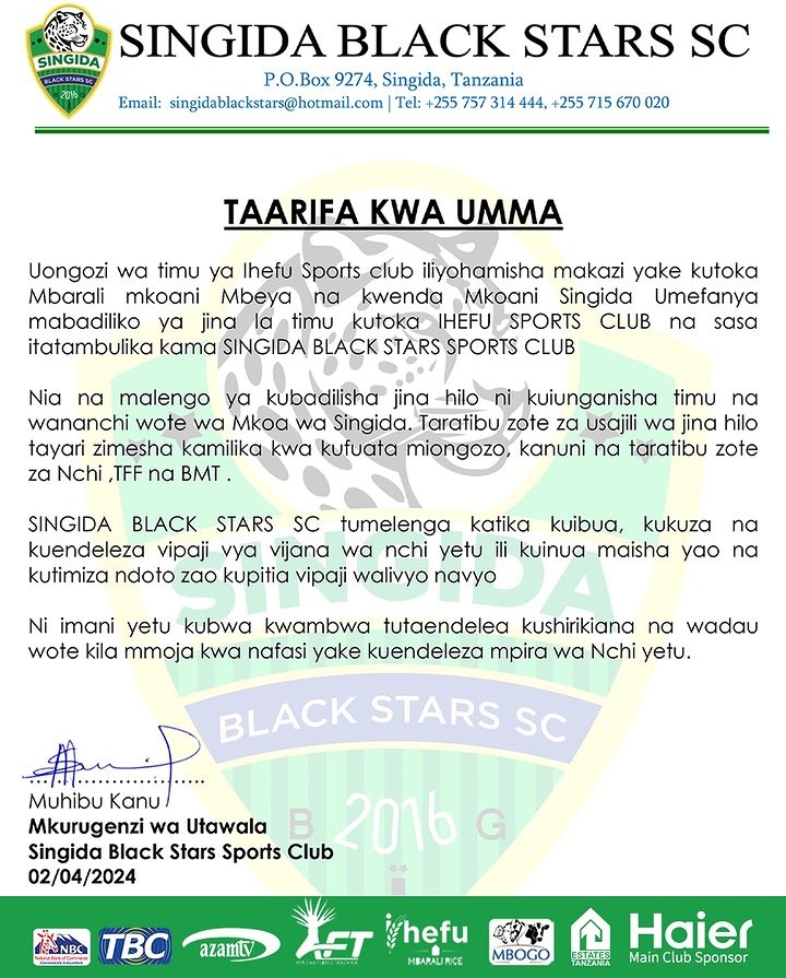 IHEFU Yabadilisha Jina Sasa ni Singida Black Stars