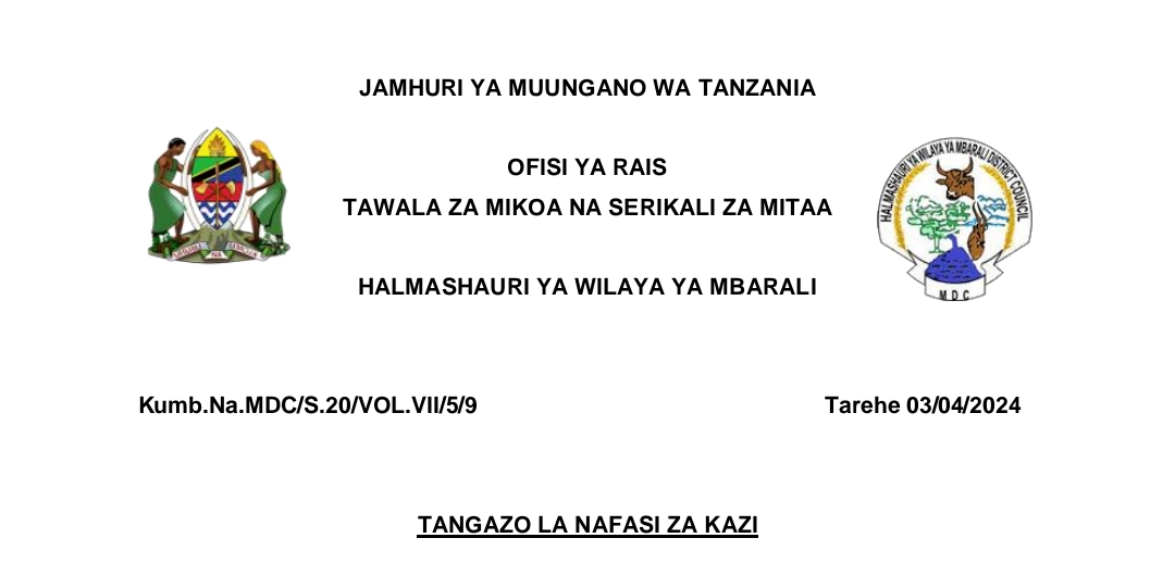 NAFASI 2 za Mtendaji wa Kijiji Wilaya ya Mbarali April 2024