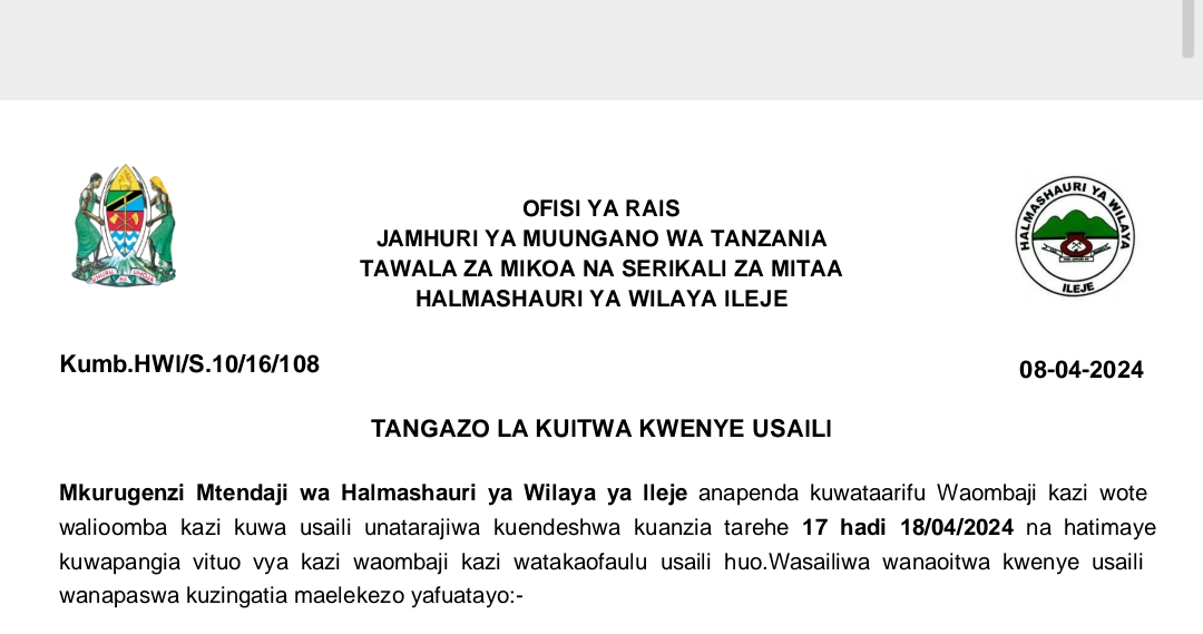 MAJINA 551 ya Waliotwa kwenye Usaili Wilaya Ileje 08-04-2024, Majina ya Waliotwa kwenye Usaili Halmashauri ya Wilaya ya Ireje April 08-2024,TANGAZO LA KUITWA KWENYE USAILI HALMASHAURI YA WILAYA ILEJE 08-04-2024, Kuitwa Kwenye Usaili Halmashauri ya Wilaya ya Ireje April 2024.