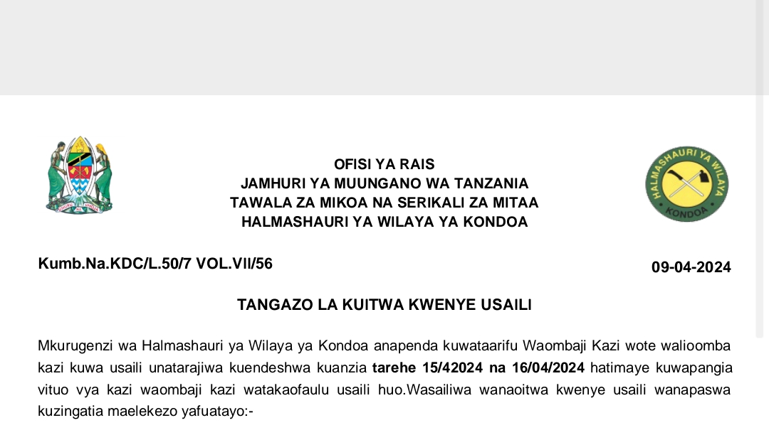 MAJINA ya Walioitwa Kwenye Usaili Wilaya ya Kondoa April 2024, Kuitwa Kwenye Usaili Halmashauri ya Wilaya ya Kondoa April 10-2024, Orodha ya Majina ya Waliotwa Kwenye Usaili Halmashauri ya Wilaya ya Kondoa April 10-2024, TANGAZO LA KUITWA KWENYE USAILI HALMASHAURI YA WILAYA YA KONDOA 10-04-2024.