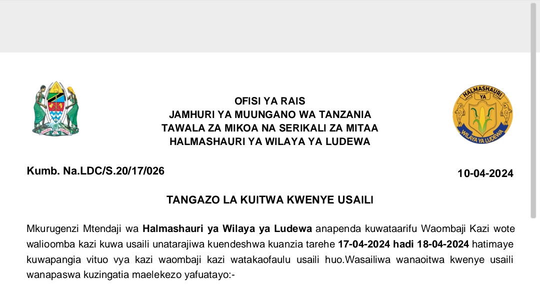 MAJINA ya walioitwa Kwenye Usaili Wilaya ya Ludewa April 2024, Kuitwa Kwenye Usaili Halmashauri ya Wilaya ya Ludewa April 10-2024, Orodha ya Majina ya Waliotwa Kwenye Usaili Halmashauri ya Wilaya ya Ludewa April 2024, Majina ya Waliotwa Kwenye Usaili Wilaya ya Ludewa April 2024,TANGAZO LA KUITWA KWENYE USAILI HALMASHAURI YA WILAYA YA LUDEWA 10-04-2024.