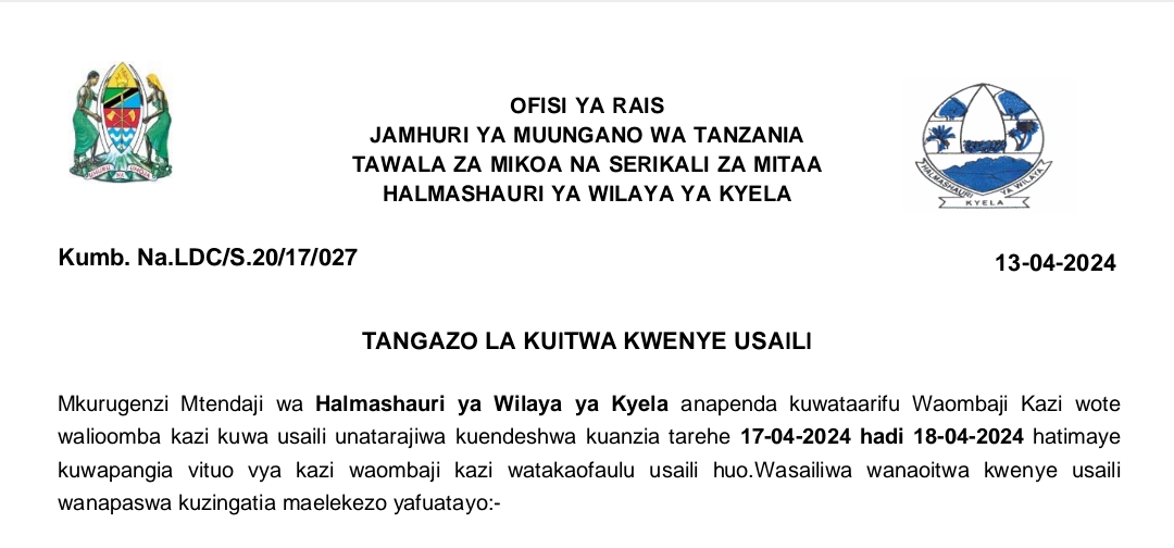 MAJINA ya Waliotwa Kwenye Usaili Wilaya ya Kyela April 2024, Kuitwa Kwenye Usaili Halmashauri ya Wilaya ya Kyela April 2024, Orodha ya Majina ya Waliotwa Kwenye Usaili Halmashauri ya Wilaya ya Kyela April 2024,TANGAZO LA KUITWA KWENYE USAILI HALMASHAURI YA WILAYA YA KYELA 14-04-2024.