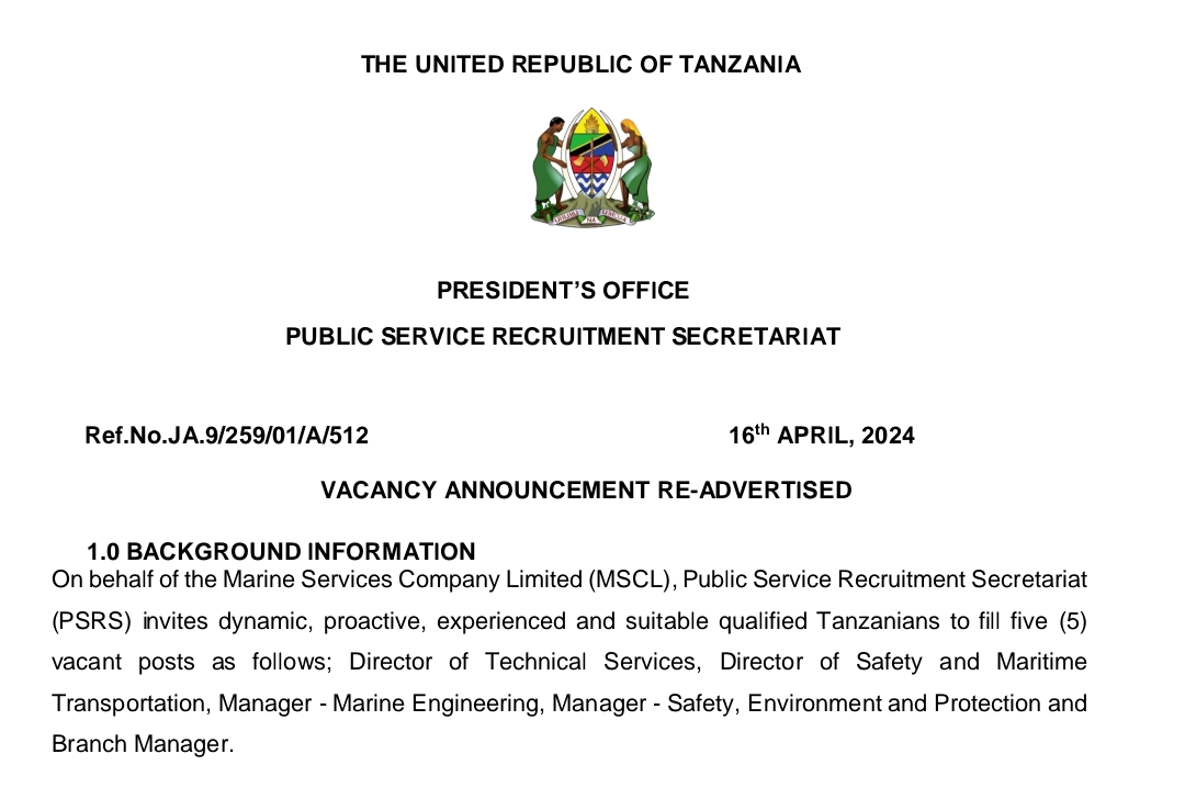 NAFASI za Kazi Kutoka Marine Services MSCL April 2024,TANGAZO LA NAFASI ZA KAZI MARINE SERVICES COMPANY LIMITED (MSCL) 16-04-2024,Ajira Mpya kutoka MARINE SERVICES COMPANY LIMITED April 2024, Ajira Mpya kutoka MSCL April 2024.