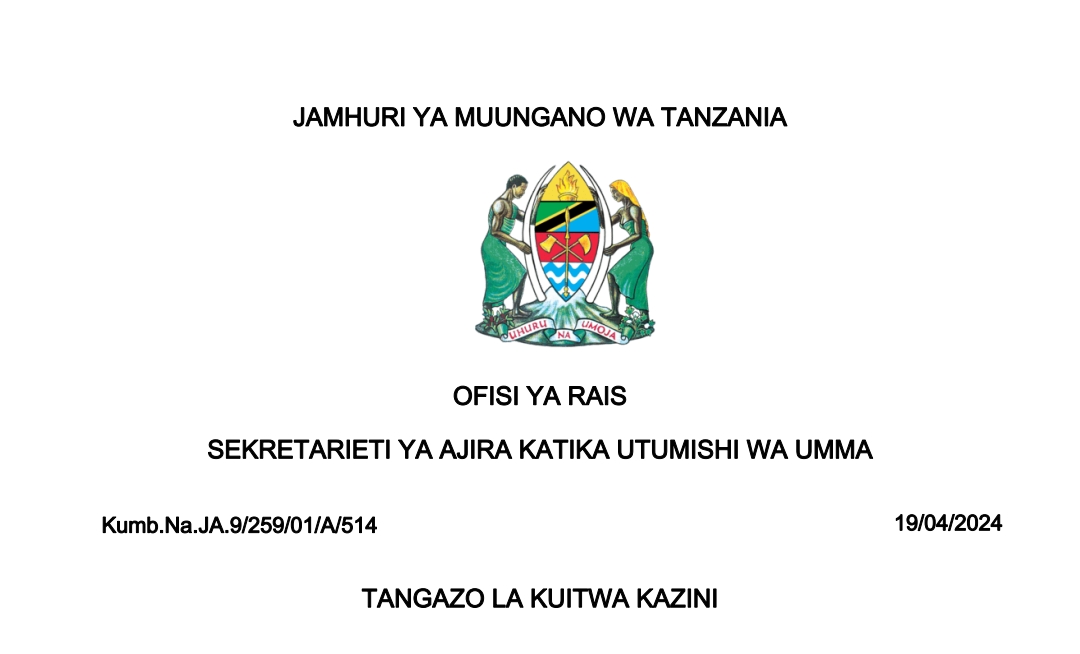 MAJINA ya Waliotwa Kazini UTUMISHI Leo April 19-2024, Kuitwa Kazini Taasisi Mbalimbali za UMMA Leo April 19-2024, Kuitwa Kazini UTUMISHI Leo April 2024, Orodha ya Majina ya Waliotwa Kazini UTUMISHI Leo April 2024,TANGAZO LA KUITWA KAZINI TAASISI MBALIMBALI ZA UMMA 19-04-2024.