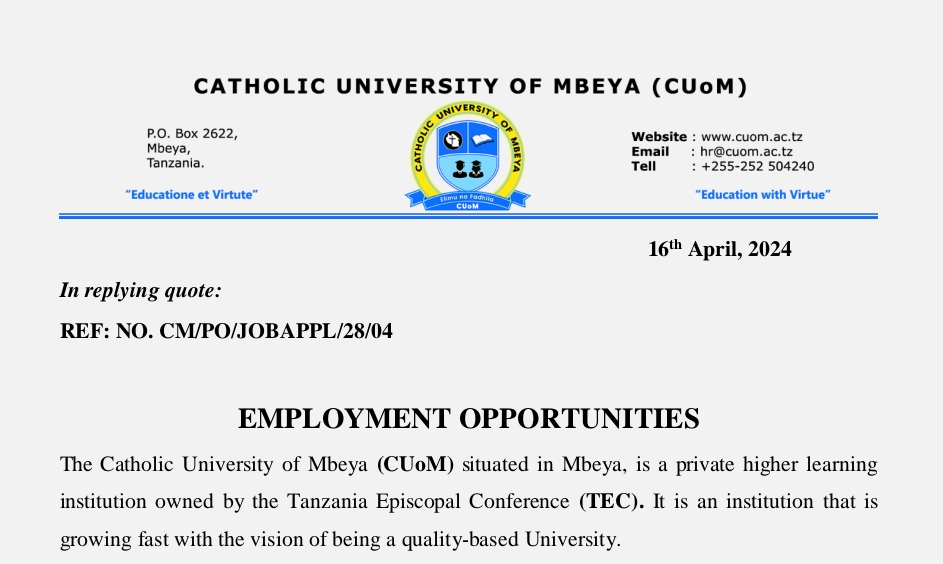 NAFASI Kazi kutoka Chuo Kikuu CUoM Mbeya April 2024, Catholic University of Mbeya (CUoM) Jobs April 2024, Ajira Mpya kutoka Chuo Kikuu Cha Kikatoliki Mbeya CUoM APRIL 2024, Nafasi za Kazi Chuo Kikuu Cha Kikatoliki Mbeya CUoM APRIL 2024.