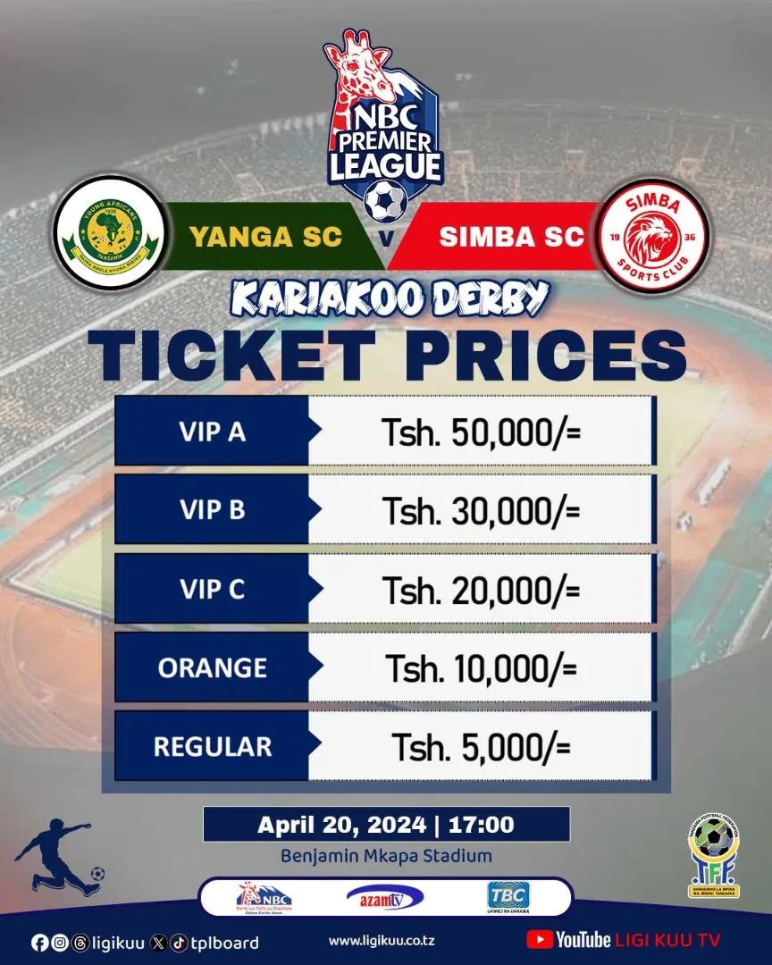 VIINGILIO Yanga vs Yanga April 20-2024,Viingilio Yanga vs Yanga Kariakoo Derby April 20-2024,Viingilio Yanga vs Yanga Dar Derby April 2024 Yanga SC vs Simba SC April 20-2024, Viingilio vya Yanga vs Simba tarehe 20-04-2024, yanga SC vs Simba April 20-2024, yanga vs Simba April 20-2024,yanga vs Simba 20;April 2024.