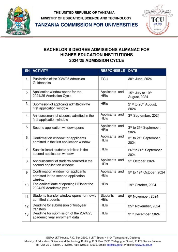 TCU Yatangaza tarehe ya Kuanza Kuapply Vyuo Vikuu 2024/2025, TCU tareheya Application kwa Awamu ya kwanza mpaka ya tatu tarehe za Majina kutoka na tarehe za kuanza masomo ya vyuo vikuu 2024/25,TCU Admissions Almanac for Higher Education Institutions 2024/25 Admission Cycle.