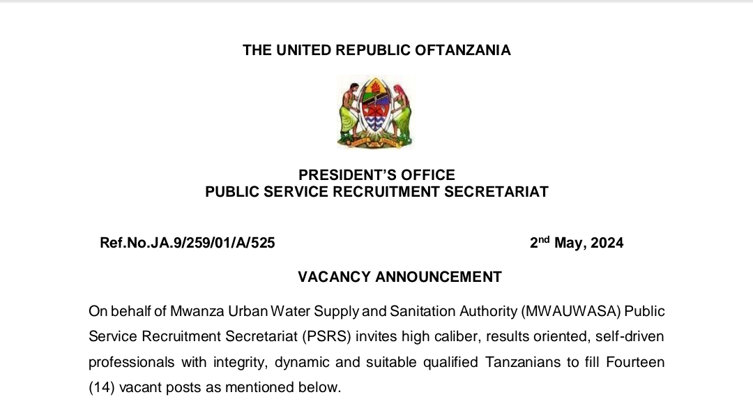 MAFASI za Kazi MWAUWASA May 2024, Nafasi za Kazi Kutoka MWAUWASA Mwanza May 02-2024,TANGAZO LA NAFASI ZA KAZI MAMLAKA YA MAJISAFI NA USAFI WA MAZINGIRA MWANZA (MWAUWASA ) 02-05-2024, Nafasi za Kazi Kutoka Mamlaka ya MAJISAFI na Usafi wa Mazingira Mwanza MWAUWASA May 02-2024.