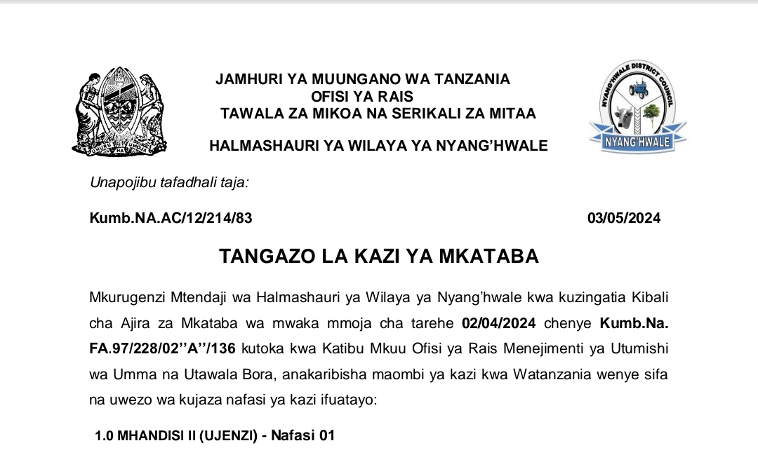 NAFASI za Kazi Kutoka Wilaya ya Nyang’hwale 03-05-2024, Ajira Mpya kutoka Halmashauri ya Wilaya ya Nyang’hwale Leo May 03-2024, Nafasi za Kazi Kutoka Halmashauri ya Wilaya ya NYANG’HWALE May 2024,TANGAZO LA NAFASI YA KAZI YA MKATABA HALMASHAURI YA WILAYA YA NYANG’HWALE 03-05-2024.