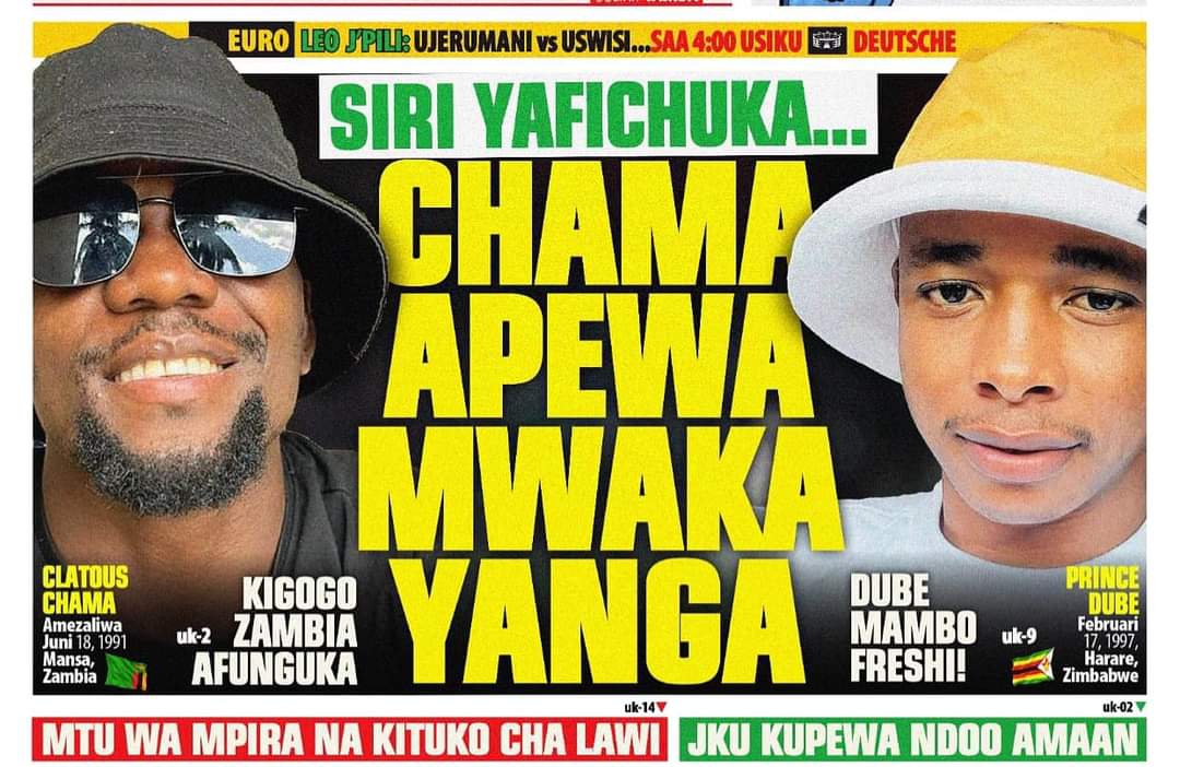 MAGAZETI ya Tanzania Leo Jumapili June 23-2024, Magazeti ya Leo Jumapili tarehe 23-6-2024, Vichwa vya habari Katika Magazeti ya Leo Jumapili June 23-2024, Magazetini Leo 23.06.2024, Mazetini Leo Jumapili tarehe 23 Juni 2024, Magazeti ya Leo Jumapili 23 June 2024,Chama asaini Yanga, Chama asaini mmoja Yanga, Chama asaini mwaka mmoja Yanga, Dube mambo safi Yanga, Prince Dube njia nyeupe Yanga, Dube amalizana na Yanga.