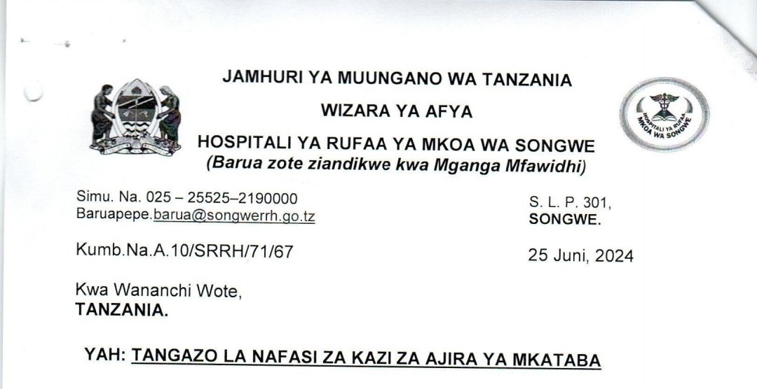 NAFASI 50 za Kazi Kutoka Hospital ya Mkoa wa Songwe June 2024