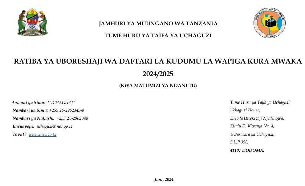 INEC Ratiba ya Uboreshaji wa Daftari la Wapiga Kura 2024/2025, INEC Ratiba ya Uboreshaji wa Daftari la Kudumu la Wapiga Kura Mwaka 2024/2025,NEC Timetable For Improvement Of Voter Register 2024/2025,NEC Selected Applicants NEC Jobs Tanzania 2024.