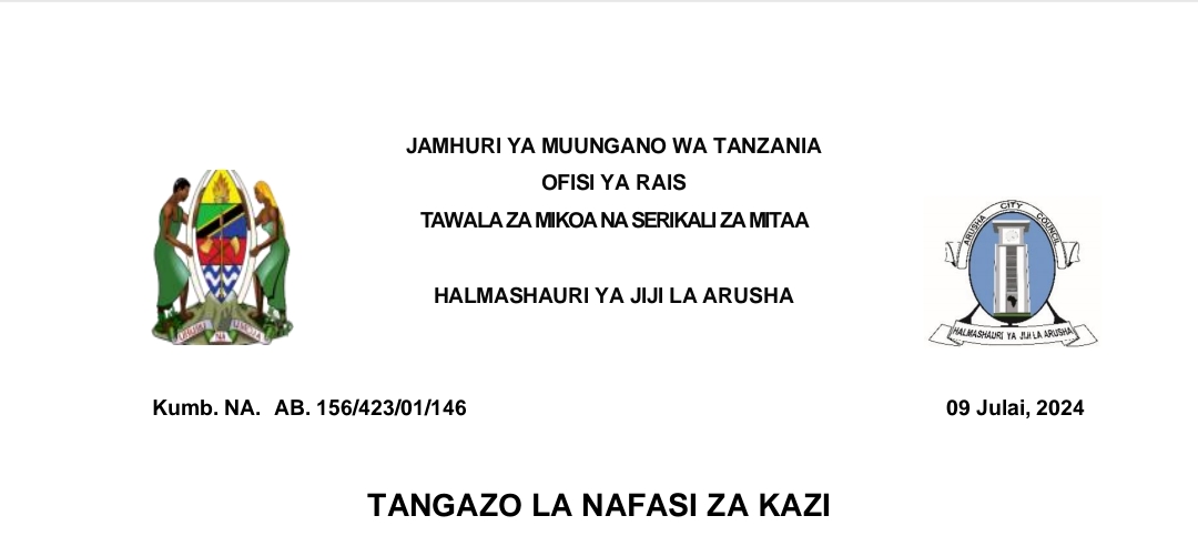 NAFASI 55 za Kazi Halmashauri ya Jiji la Arusha July 09-2024