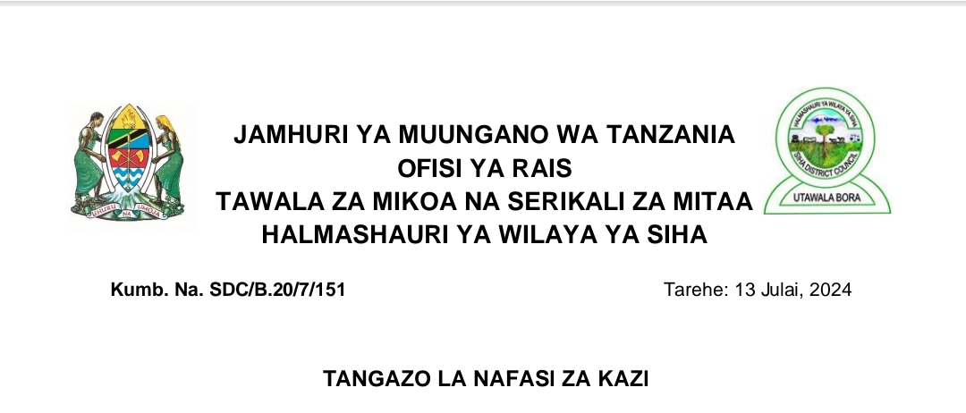 NAFASI 21 za Kazi Wilaya ya SIHA July 13-2024