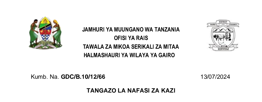 NAFASI 11 za Kazi Wilaya ya Gairo July 13-2024