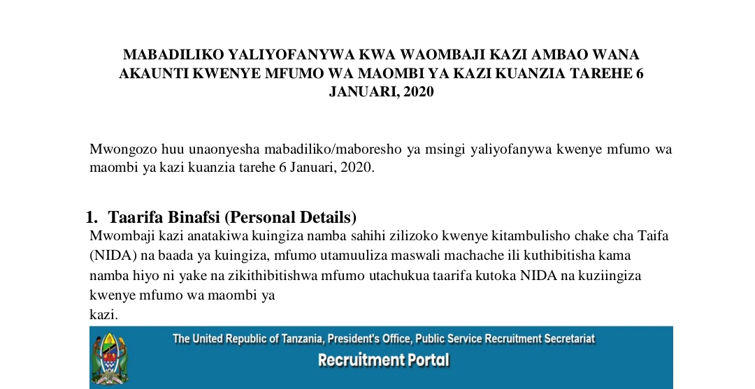 MWONGOZO wa Mabadiliko Katika Matumizi ya Mfumo wa Maombi ya Kazi Ajiraportal