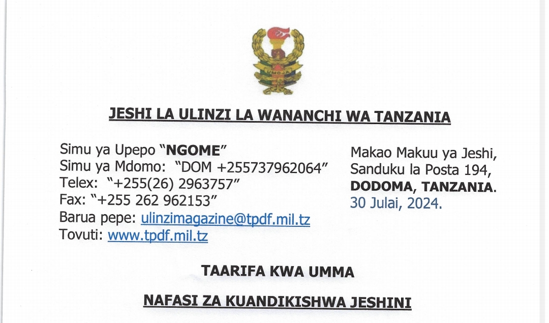 NAFASI za Kujiunga na Jeshi la Ulinzi JWTZ July 2024