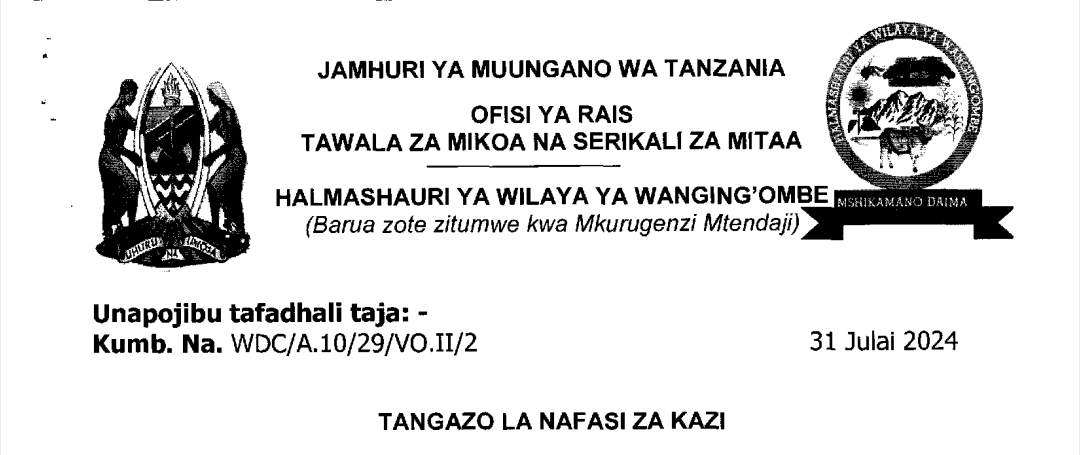 NAFASI za Kazi Wilaya ya Wanging'ombe July 31-2024