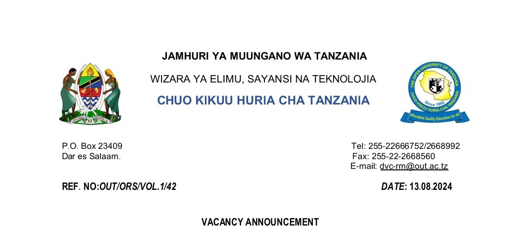 NAFASI za Kazi Chuo Kikuu Huria August 2024, Nafasi za Kazi Kutoka Chuo Kikuu Huria cha Tanzania (OUT) August 2024, The Open University Of Tanzania Job Vacancies August 2024.