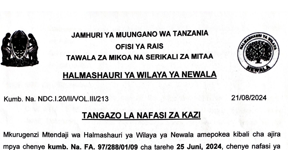 NAFASI 13 za Kazi Newala District Council August 2024