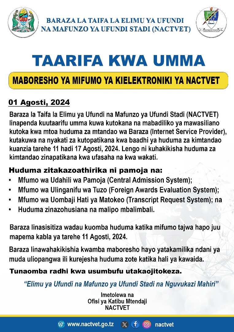 NACTVET TAARIFA KWA UMMMA KUHUSU MABORESHO YA MIFUMO YA KIELEKTRONIKI